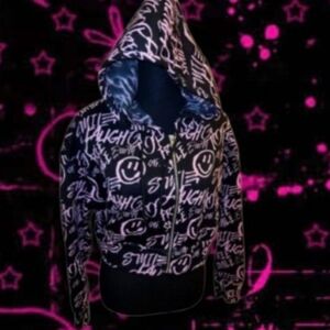 Y2K Gyaru McBling Black and Pink Graphic Crop Hoodie